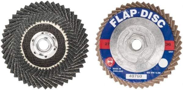 Garryson - 36 Grit, 4-1/2" Disc Diam, 5/8-11 Center Hole, Zirconia Alumina Flap Disc - 13,300 Max RPM, Fiberglass Backing, Arbor Attaching System, Coated - Industrial Tool & Supply