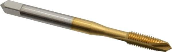OSG - #10-32 UNF, 2 Flute, TiN Finish, High Speed Steel Spiral Point Tap - Plug Chamfer, Right Hand Thread, 2-3/8" OAL, 7/8" Thread Length, 0.194" Shank Diam, 2B Class of Fit, Series 105 - Exact Industrial Supply