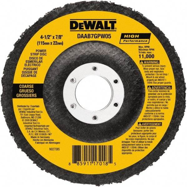 DeWALT - 100 Grit, 4-1/2" Disc Diam, 7/8" Center Hole, Type 27 Aluminum Oxide Flap Disc - 13,300 Max RPM, Fiberglass Backing, Arbor Attaching System, Non-Woven - Industrial Tool & Supply