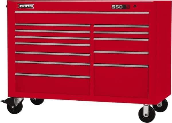 Proto - 28,291 Lb Capacity, 13 Drawer Mobile Workstation - 57" Wide x 25-1/4" Deep x 43" High, Steel, Red - Industrial Tool & Supply