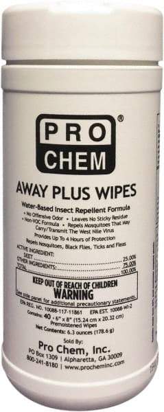 Pro Chem - 40 Count 25% DEET Towelette - For Mosquitos, Chiggers, Gnats, Stable Flies, Fleas, Ticks, Black Flies, Sand Flies - Industrial Tool & Supply