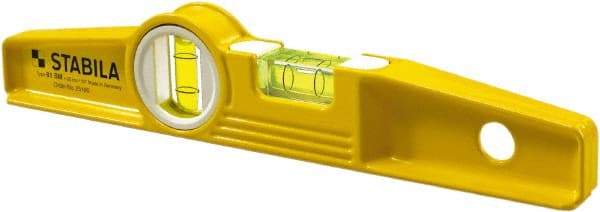 Stabila - 10" Long 2 Vial Torpedo Level - Die Cast, Yellow, 1 Plumb & 1 Level Vial - Industrial Tool & Supply