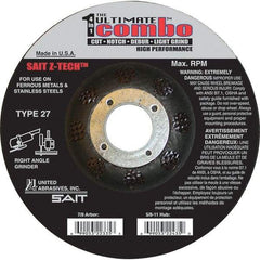 Sait - 5" Wheel Diam, 7/8" Arbor Hole, Type 27 Depressed Center Wheel - Extra Coarse Grade, Zirconia Alumina, S Hardness, 12,200 Max RPM - Industrial Tool & Supply