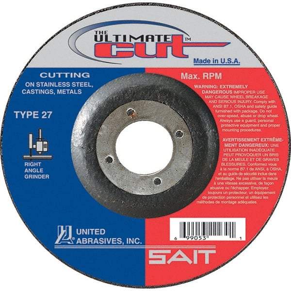 Sait - 6" Wheel Diam, 7/8" Arbor Hole, Type 27 Depressed Center Wheel - Extra Coarse Grade, Zirconia Alumina, S Hardness, 10,200 Max RPM - Industrial Tool & Supply