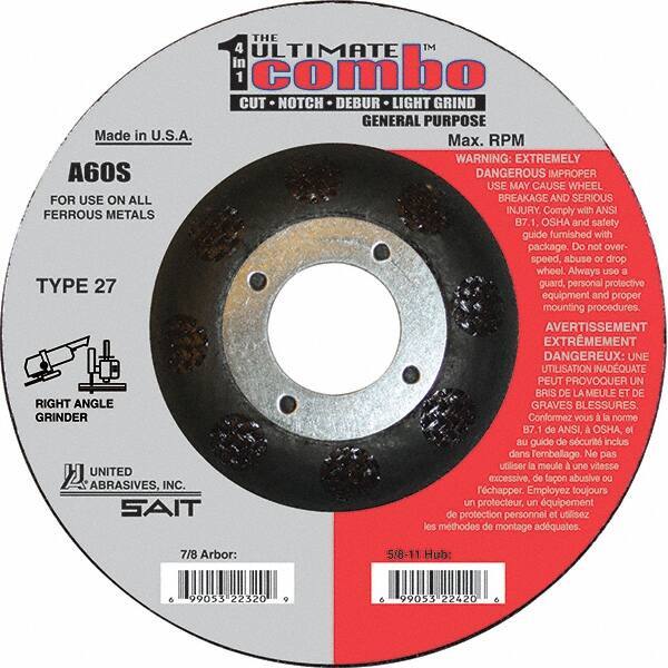 Sait - 60 Grit, 5" Wheel Diam, 7/8" Arbor Hole, Type 27 Depressed Center Wheel - Extra Coarse Grade, Aluminum Oxide, S Hardness, 12,200 Max RPM - Industrial Tool & Supply