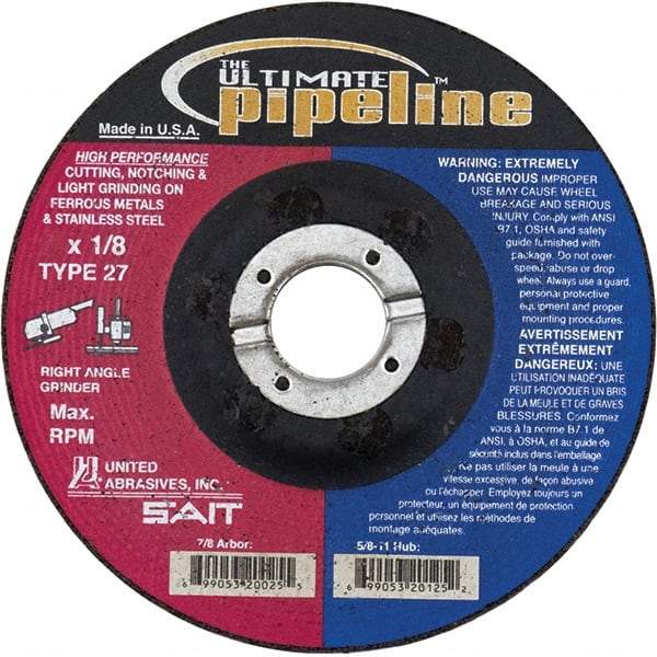 Sait - 5" Wheel Diam, 1/8" Wheel Thickness, 7/8" Arbor Hole, Type 27 Depressed Center Wheel - Extra Coarse Grade, Zirconia Alumina, T Hardness, 12,200 Max RPM - Industrial Tool & Supply