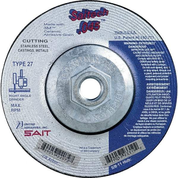 Sait - 4-1/2" Wheel Diam, Type 27 Depressed Center Wheel - Extra Coarse Grade, Ceramic, S Hardness, 13,300 Max RPM - Industrial Tool & Supply