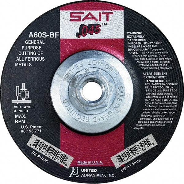 Sait - 60 Grit, 5" Wheel Diam, Type 27 Depressed Center Wheel - Extra Coarse Grade, Aluminum Oxide, S Hardness, 12,200 Max RPM - Industrial Tool & Supply