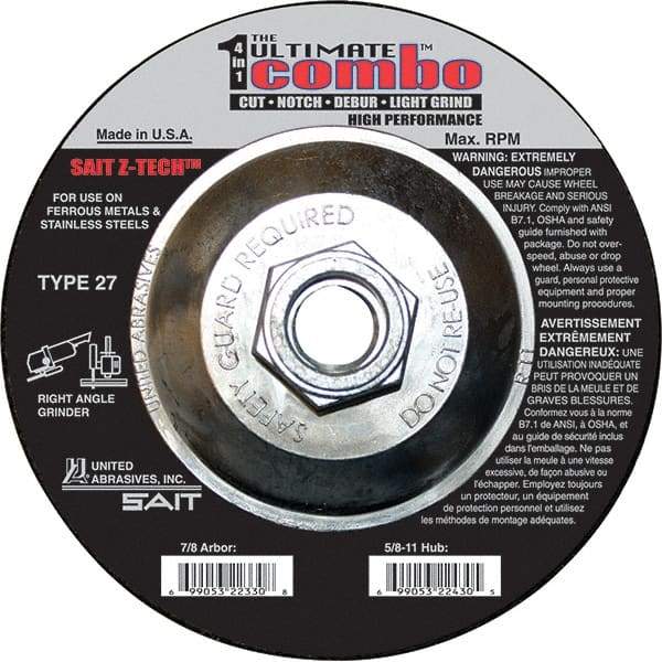 Sait - 4-1/2" Wheel Diam, Type 27 Depressed Center Wheel - Extra Coarse Grade, Zirconia Alumina, S Hardness, 13,300 Max RPM - Industrial Tool & Supply