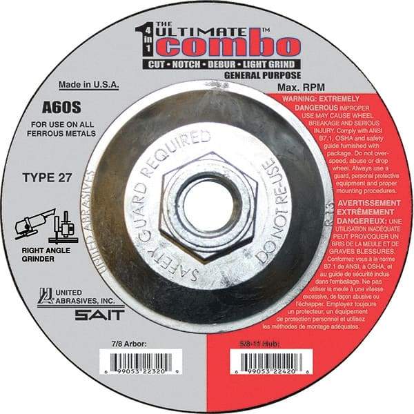 Sait - 60 Grit, 4-1/2" Wheel Diam, Type 27 Depressed Center Wheel - Extra Coarse Grade, Aluminum Oxide, S Hardness, 13,300 Max RPM - Industrial Tool & Supply