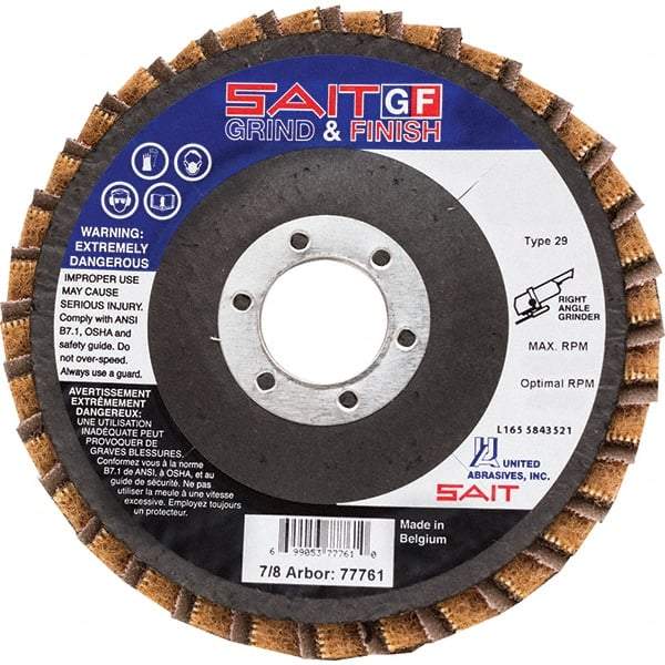 Sait - 150 Grit, 5" Disc Diam, 7/8" Center Hole, Type 29 Aluminum Oxide Flap Disc - 12,200 Max RPM, Fiberglass Backing, Arbor Attaching System, Coated & Non-Woven Combo - Industrial Tool & Supply