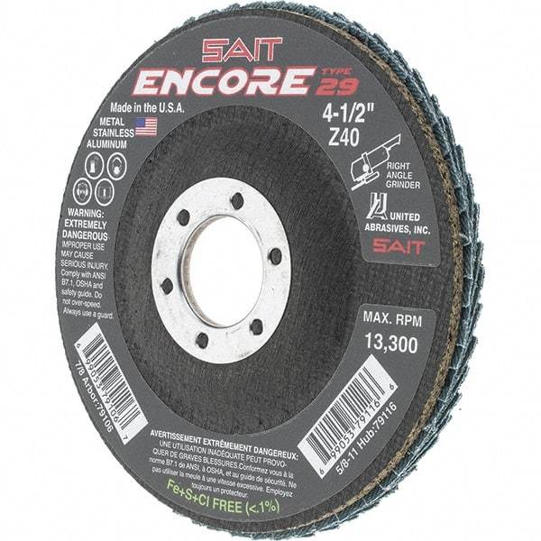 Sait - 40 Grit, 4-1/2" Disc Diam, 7/8" Center Hole, Type 29 Zirconia Alumina Flap Disc - 13,300 Max RPM, Fiberglass Backing, Arbor Attaching System, Coated - Industrial Tool & Supply