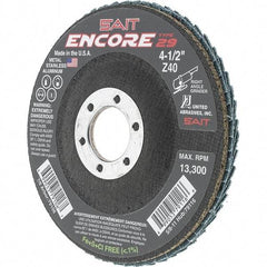 Sait - 40 Grit, 4-1/2" Disc Diam, 7/8" Center Hole, Type 29 Zirconia Alumina Flap Disc - 13,300 Max RPM, Fiberglass Backing, Arbor Attaching System, Coated - Industrial Tool & Supply