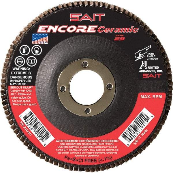 Sait - 80 Grit, 5" Disc Diam, 7/8" Center Hole, Type 27 Ceramic Flap Disc - 12,200 Max RPM, Fiberglass Backing, Arbor Attaching System, Coated - Industrial Tool & Supply