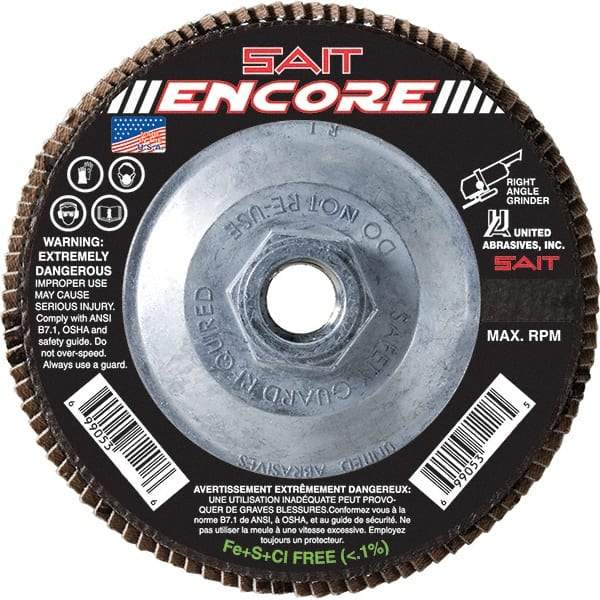Sait - 40 Grit, 5" Disc Diam, 5/8-11 Center Hole, Type 27 Zirconia Alumina Flap Disc - 12,200 Max RPM, Fiberglass Backing, Arbor Attaching System, Coated - Industrial Tool & Supply
