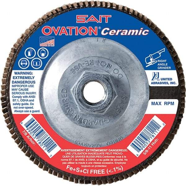 Sait - 80 Grit, 4-1/2" Disc Diam, 5/8-11 Center Hole, Type 27 Ceramic Flap Disc - 13,300 Max RPM, Fiberglass Backing, Arbor Attaching System, Coated - Industrial Tool & Supply