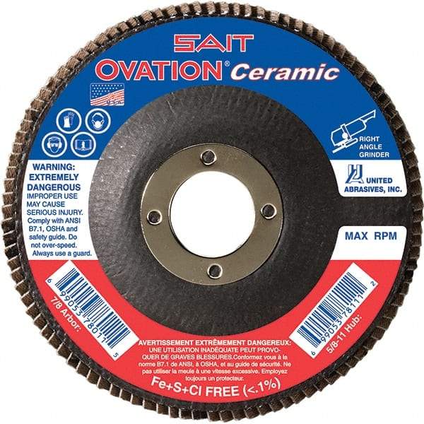 Sait - 40 Grit, 4-1/2" Disc Diam, 7/8" Center Hole, Type 27 Ceramic Flap Disc - 13,300 Max RPM, Fiberglass Backing, Arbor Attaching System, Coated - Industrial Tool & Supply