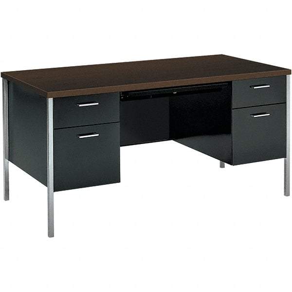 Hon - Woodgrain Laminate Double Pedestal Desk with Center Drawer - 60" Wide x 30" Deep x 29-1/2" High, Mocha/Black - Industrial Tool & Supply