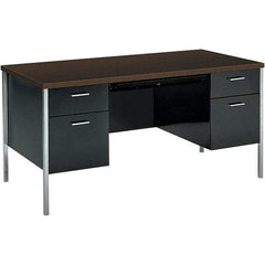 Hon - Woodgrain Laminate Double Pedestal Desk with Center Drawer - 60" Wide x 30" Deep x 29-1/2" High, Mocha/Black - Industrial Tool & Supply