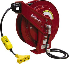 Reelcraft - 12 AWG, 100' Cable Length, Cord & Cable Reel with Triple-Tap with GFCI End - 3 Outlets, NEMA 5-15R, 15 Amps, 125 Volts, SEOOW Cable, Red Reel, Spring Driven Reel - Industrial Tool & Supply