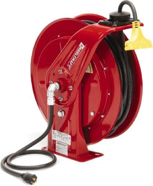 Reelcraft - 12 AWG, 100' Cable Length, Cord & Cable Reel with Triple-Tap Outlet End - 3 Outlets, NEMA 5-15R, 15 Amps, 125 Volts, SEOOW Cable, Red Reel, Spring Driven Reel - Industrial Tool & Supply