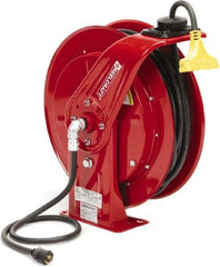 Reelcraft - 12 AWG, 100' Cable Length, Cord & Cable Reel with Triple-Tap Outlet End - 3 Outlets, NEMA 5-15R, 15 Amps, 125 Volts, SEOOW Cable, Red Reel, Spring Driven Reel - Industrial Tool & Supply