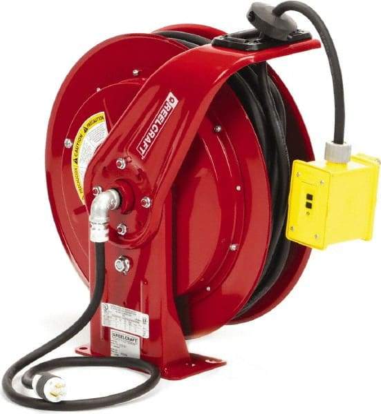 Reelcraft - 12 AWG, 100' Cable Length, Cord & Cable Reel with Duplex GFCI Outlet Box End - 2 Outlets, NEMA 5-20R, 20 Amps, 125 Volts, SEOOW Cable, Red Reel, Spring Driven Reel - Industrial Tool & Supply