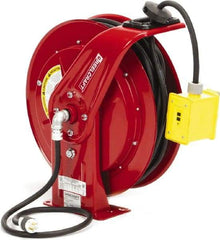 Reelcraft - 12 AWG, 100' Cable Length, Cord & Cable Reel with Duplex GFCI Outlet Box End - 2 Outlets, NEMA 5-20R, 20 Amps, 125 Volts, SEOOW Cable, Red Reel, Spring Driven Reel - Industrial Tool & Supply