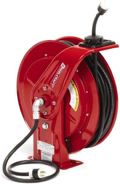 Reelcraft - 12 AWG, 100' Cable Length, Cord & Cable Reel with Twist Lock Receptacle End - 1 Outlet, NEMA L5-20R, 20 Amps, 125 Volts, SEOOW Cable, Red Reel, Spring Driven Reel - Industrial Tool & Supply