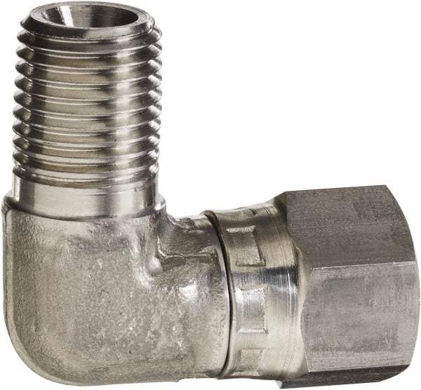 Made in USA - 1/4 x 3/8" Grade 316 Stainless Steel Pipe 90° Elbow - MNPT x NPSM Swivel End Connections, 5,000 psi - Industrial Tool & Supply