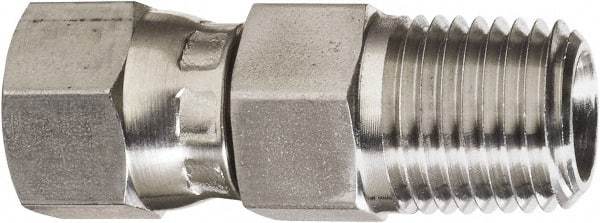 Made in USA - 1/4" Tube OD, 37° Stainless Steel Flared Tube Swivel Connector - 7/16-20 NPT, Female Flare x MNPT Ends - Industrial Tool & Supply