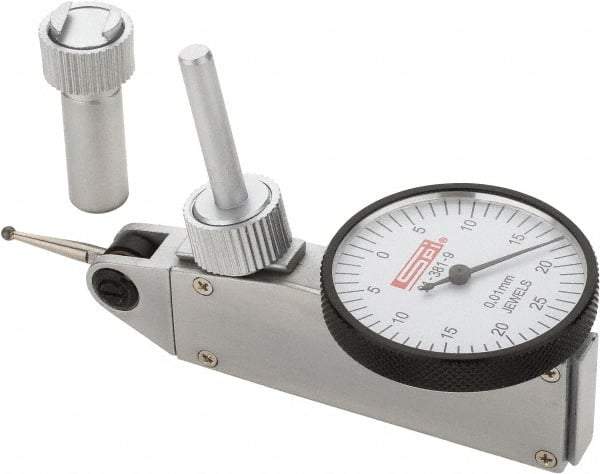 SPI - 0.5mm Range, 0.01mm Dial Graduation, Horizontal Dial Test Indicator - 32mm White Dial, 0-25-0 Dial Reading, Accurate to 0.013mm - Industrial Tool & Supply