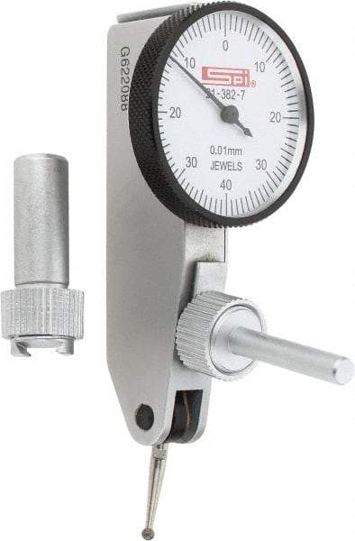 SPI - 0.8mm Range, 0.01mm Dial Graduation, Horizontal Dial Test Indicator - 32mm White Dial, 0-40-0 Dial Reading, Accurate to 0.013mm - Industrial Tool & Supply