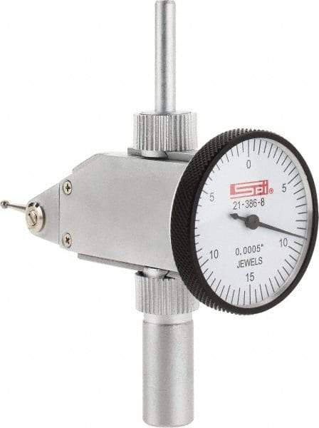 SPI - 0.03" Range, 0.0005" Dial Graduation, Vertical Dial Test Indicator - 1-1/4" White Dial, 0-15-0 Dial Reading, Accurate to 0.0005" - Industrial Tool & Supply