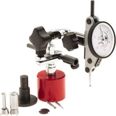 SPI - 9 Piece, 0" to 0.06" Measuring Range, 1-1/2" Dial Diam, 0-15-0 Dial Reading, White Dial Test Indicator Kit - 0.0012" Accuracy, 0.86" Contact Point Length, 0.079" Ball Diam, 0.0005" Dial Graduation - Industrial Tool & Supply