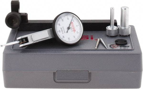SPI - 8 Piece, 0mm to 1mm Measuring Range, 32mm Dial Diam, 0-50-0 Dial Reading, White Dial Test Indicator Kit - 0.013mm Accuracy, 21.5mm Contact Point Length, 2mm Ball Diam, 0.01mm Dial Graduation - Industrial Tool & Supply