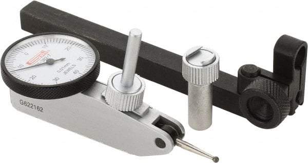 SPI - 8 Piece, 0mm to 0.8mm Measuring Range, 32mm Dial Diam, 0-40-0 Dial Reading, White Dial Test Indicator Kit - 0.013mm Accuracy, 17.3mm Contact Point Length, 2mm Ball Diam, 0.01mm Dial Graduation - Industrial Tool & Supply
