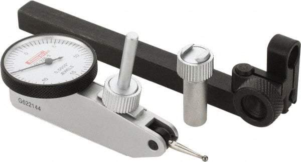 SPI - 8 Piece, 0" to 0.03" Measuring Range, 1-1/4" Dial Diam, 0-15-0 Dial Reading, White Dial Test Indicator Kit - 0.0005" Accuracy, 0.64" Contact Point Length, 0.079" Ball Diam, 0.0005" Dial Graduation - Industrial Tool & Supply