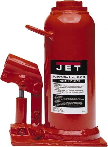 Jet - 22.5 Ton Capacity Hydraulic Bottle Jack - 10.63" to 16-7/8" High, 1-1/2" Screw Length, 7-1/8" Long x 5-1/2" Wide Base - Industrial Tool & Supply