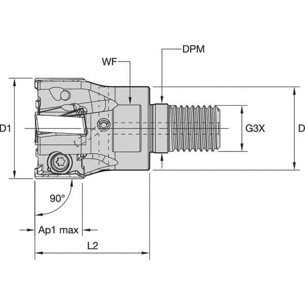 Kennametal - 35mm Cut Diam, 15.5mm Max Depth of Cut, 1.142" Shank Diam, 64mm OAL, Indexable Square Shoulder End Mill - LNGU15T608SRGE Inserts, M16 Modular Connection, 0° Lead Angle, Through Coolant, Series MILL 4-15 - Industrial Tool & Supply