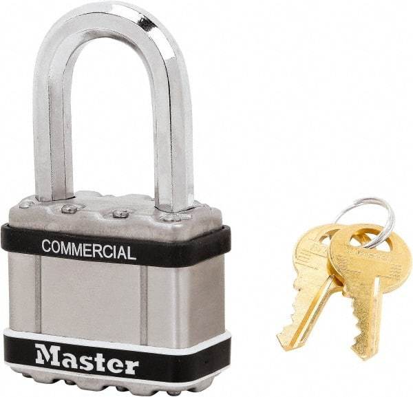 Master Lock - 1-1/2" Shackle Clearance, Keyed Alike Padlock - 3/8" Shackle Diam, Laminated Steel - Industrial Tool & Supply