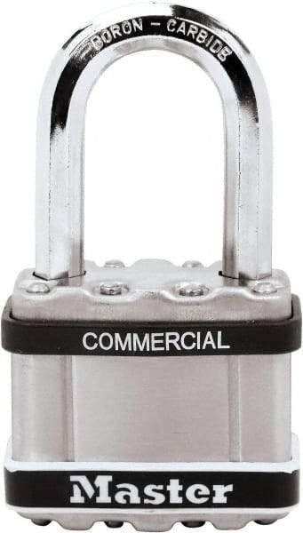 Master Lock - 1-1/2" Shackle Clearance, Keyed Different Padlock - 3/8" Shackle Diam, Laminated Steel - Industrial Tool & Supply