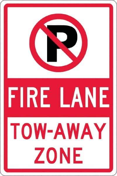 NMC - "Fire Lane Tow-Away Zone", "Strike on P", 12" Wide x 18" High, Aluminum No Parking & Tow Away Signs - 0.063" Thick, Red & Black on White, Rectangle, Post Mount - Industrial Tool & Supply
