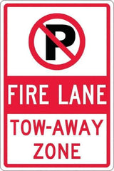NMC - "Fire Lane Tow-Away Zone", "Strike on P", 12" Wide x 18" High, Aluminum No Parking & Tow Away Signs - 0.063" Thick, Red & Black on White, Rectangle, Post Mount - Industrial Tool & Supply