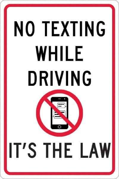 NMC - "No Texting While Driving It's The Law", "Strike on Cell Phone", 12" Wide x 18" High, Aluminum Warning & Safety Reminder Signs - 0.063" Thick, Red & Black on White, Rectangle, Post Mount - Industrial Tool & Supply