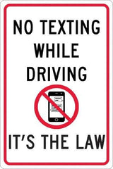 NMC - "No Texting While Driving It's The Law", "Strike on Cell Phone", 12" Wide x 18" High, Aluminum Warning & Safety Reminder Signs - 0.063" Thick, Red & Black on White, Rectangle, Post Mount - Industrial Tool & Supply