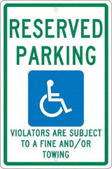 NMC - "Reserved Parking Violators Are Subject To A Fine And/Or Towing", "Handicap Symbol", 12" Wide x 18" High, Aluminum ADA Signs - 0.063" Thick, Green & Blue on White, Rectangle, Post Mount - Industrial Tool & Supply