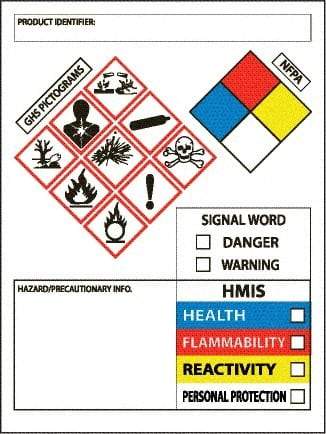 NMC - Hazardous Materials Label, Header: WARNING - Legend: GHS - Graphic, English, White, Red, Blue, Yellow & Black, 3" Long x 4" High, No Coating - Industrial Tool & Supply