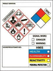 NMC - Hazardous Materials Label, Header: WARNING - Legend: GHS - Graphic, English, White, Red, Blue, Yellow & Black, 3" Long x 4" High, No Coating - Industrial Tool & Supply