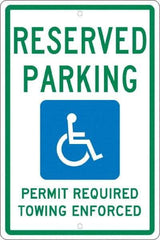NMC - "Reserved Parking Permit Required Towing Enforced", "Handicap Symbol", 12" Wide x 18" High, Aluminum Reserved Parking Signs - 0.063" Thick, Green & Blue on White, Rectangle, Post Mount - Industrial Tool & Supply